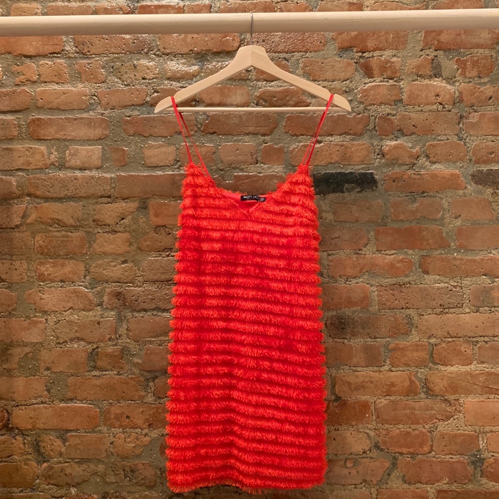 Red Fringe Slip On Mini Dress